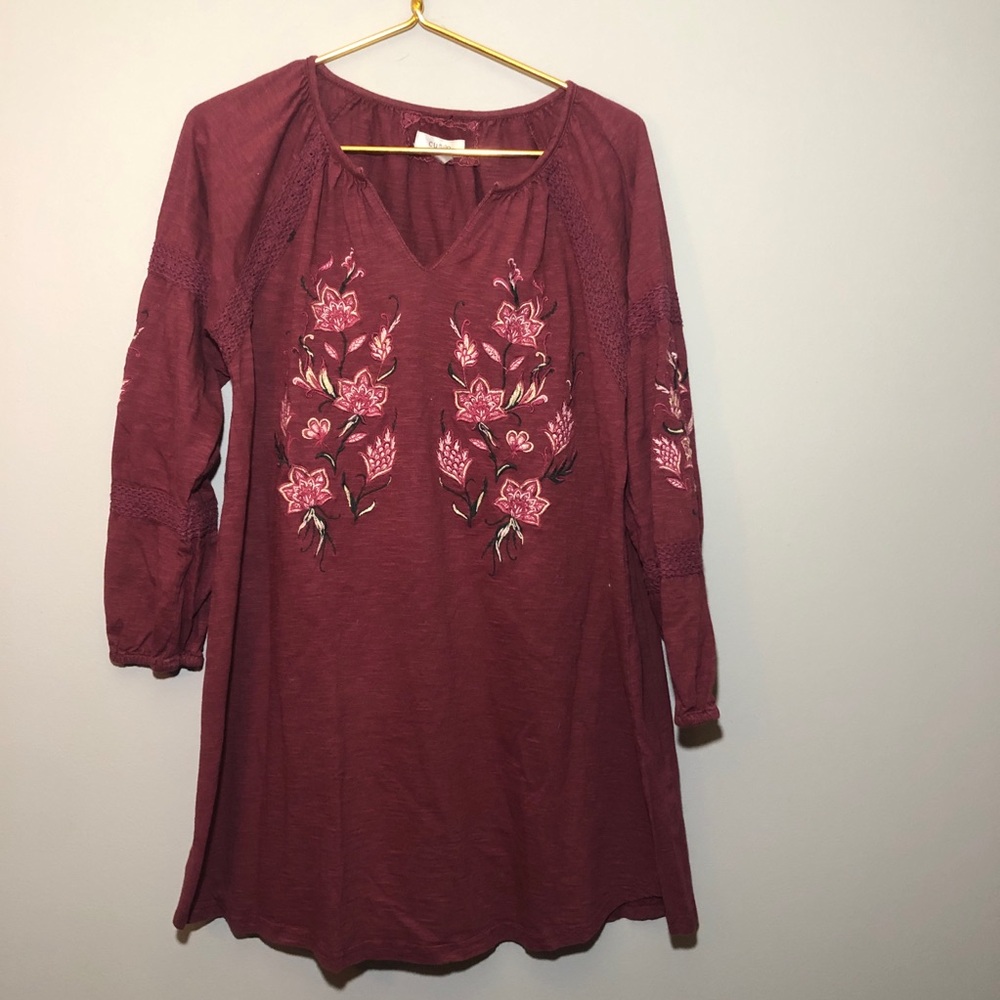 Cupio Embroidered Top Shirt M Cottagecore Boho Floral Peasant Maroon 100% Cotton
